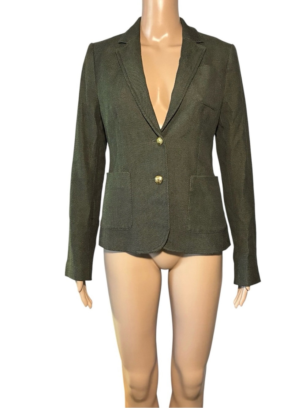 Banana Republic Women's Tweed Blazer 4 Green Pockets Two Buttons Notched Lapel